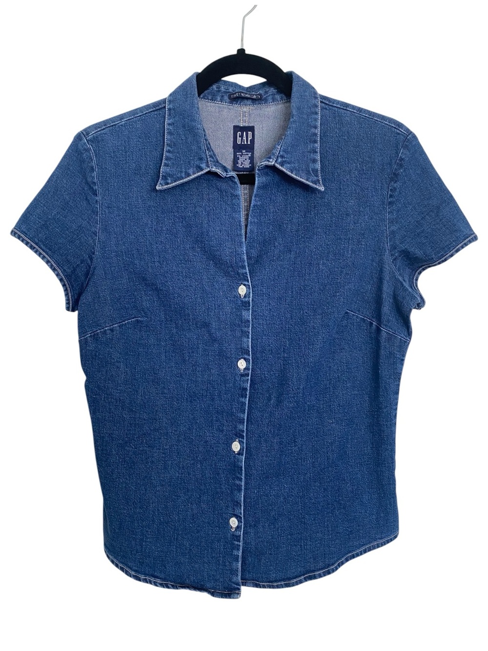 GAP Y2K Vintage Denim Button Up Shirt Blue Fitted Short Sleeve Women’s M